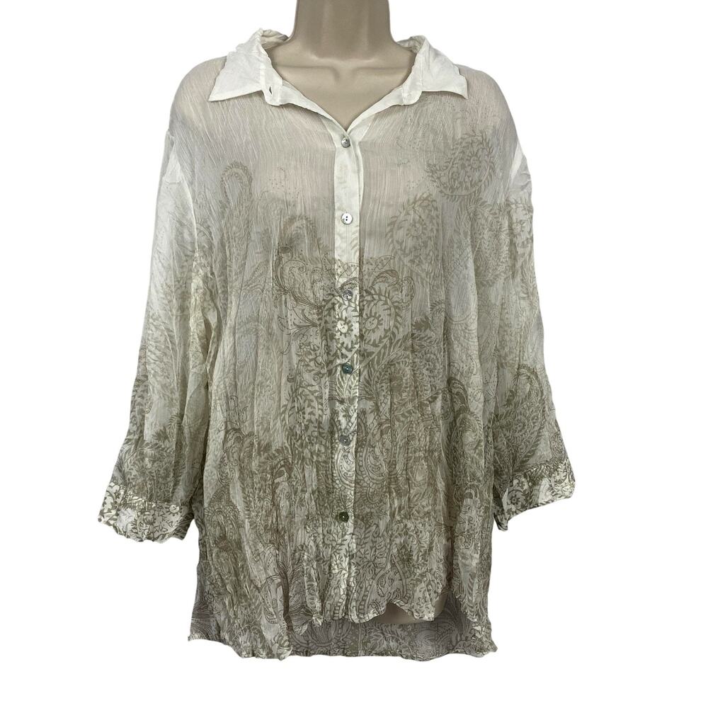 Chico's Top Size 3 White Paisley Sheer Button Front Lagenlook Coastal Ethereal